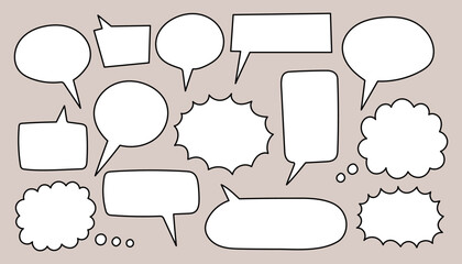 Obraz premium Set of speak bubble text, chatting box, message box outline cartoon vector design. Balloon doodle style of thinking sign
