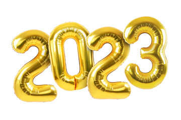 Happy new year 2023 metallic gold foil balloons. Golden helium balloons number 2023 New Year. 