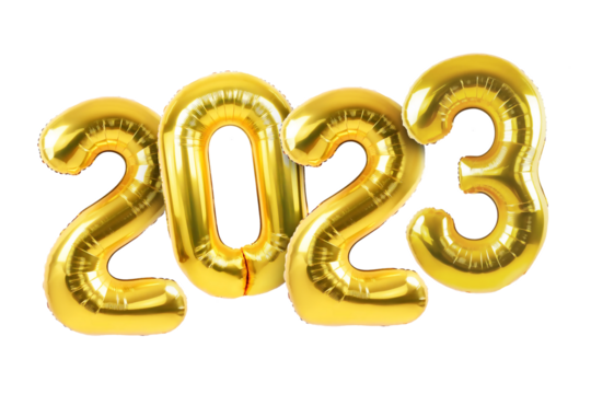 Happy new year 2023 metallic gold foil balloons. Golden helium balloons number 2023 New Year. 