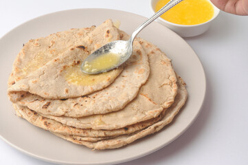 Jowar rotis or jowar bhakri, made from jowar a grain harvested in India, Maharashtra