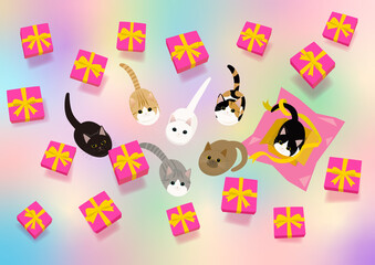 プレゼントの箱が浮遊しながら降りてくるのを見上げている7匹の猫　白黒猫ちゃんは箱に入ってご満悦 - obrazy, fototapety, plakaty