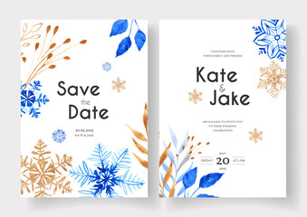 Set of winter wedding cards with blue and gold snowflakes and florals on white background.