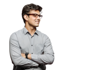 PNG image of an attractive bossy young businessman with crossed arms, friendly smiling looking at colleagues wearing specs isolated transparent background.