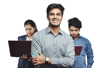 PNG of a professional businessman standing with the hands folded with his staff in the background.