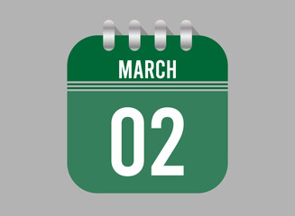2 March calendar icon. Page vector for calendar on March days. Green design with clear background for holidays and events