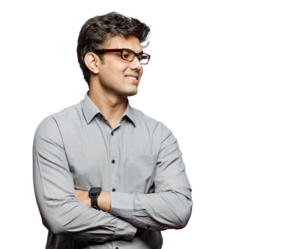 PNG image of an attractive bossy young businessman with crossed arms, friendly smiling looking at colleagues wearing specs isolated transparent background.