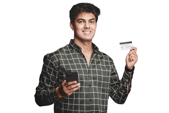 Easy Credit card Payment. PNG of a man holding credit card and smartphone on isolated background