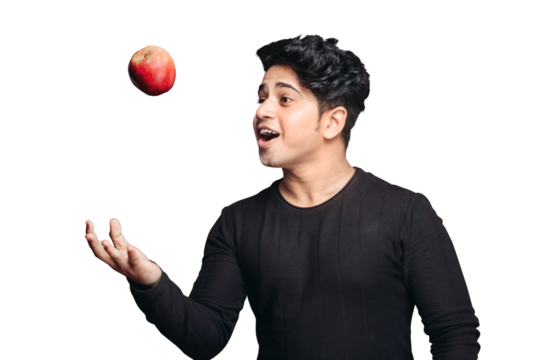 PNG of Healthy Lifestyle image of a man throwing apple in the air in an isolated background