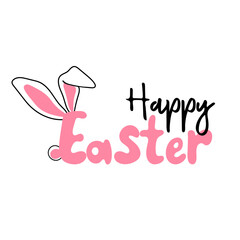 Happy Easter. Handwritten text with rabbit ears.  Holiday design. Vector illustration