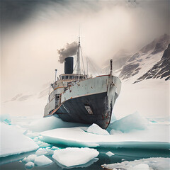 Steam ship stuck in the ice - obrazy, fototapety, plakaty