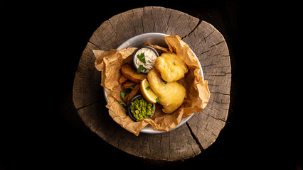 fish and chips with sauce, rustic potatoes with pesto