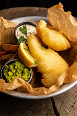 fish and chips with sauce, rustic potatoes with pesto