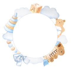Round frame wreath of children's toys in blue and beige colors, watercolor illustration