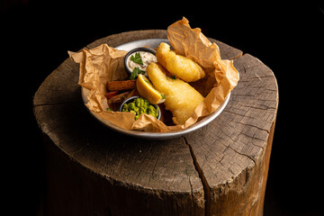 fish and chips with sauce, rustic potatoes with pesto