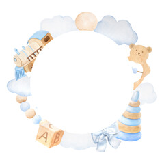Round frame wreath of children's toys in blue and beige colors, watercolor illustration
