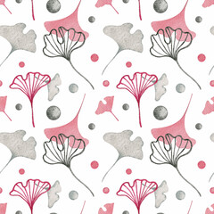 Seamless pattern with pink and gray ginkgo leaves on a white background. Watercolor illustration. Print on fabric and wrapping paper. Tree. Plants. Nature. Art. Design. Handmade work.