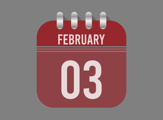 3 February calendar icon. Page vector for calendar on February days. Red design with dark background