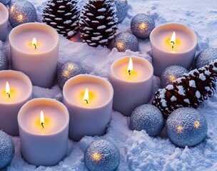 candles in snow and decorations
