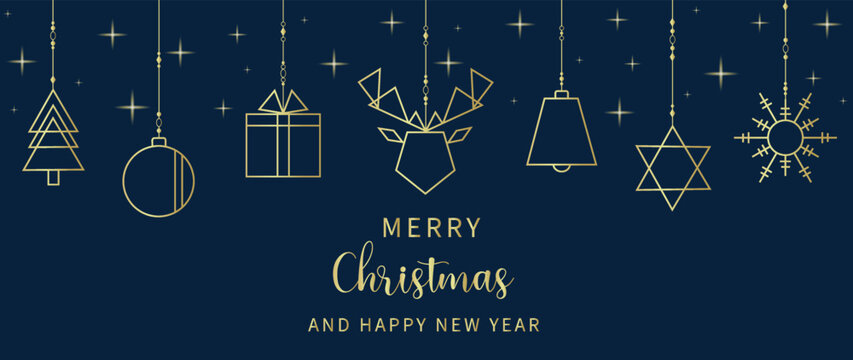 Luxury christmas and happy new year background vector. Elegant hanging geometric gold line art christmas tree, reindeer, snowflake on dark blue background. Design for wallpaper, card, cover, poster.