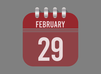 29 February calendar icon. Page vector for calendar on February days. Red design with dark background