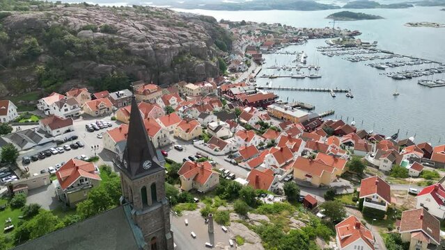 Church and Town Pan - Fjallbacka Sweden Drone