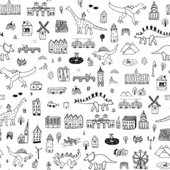 Dinosaurs in the city vector line seamless pattern.