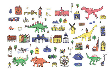 Dinosaurs in the city vector illustrations set.
