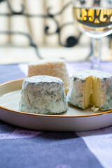Small french goat cheeses, matured with grey mold from Macon, Burgundy, France