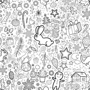 seamless pattern with rabbits bunny gift box christmas tree candy new year symbols black and white coloring image wrapping paper