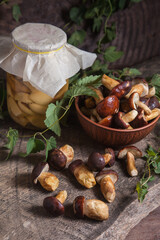 Pile of Imleria Badia or Boletus badius mushrooms commonly known as the bay bolete with canned mushroom in glass jar on vintage wooden background..