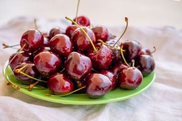 Giant fresh ripe black cherries, new harvest, ready to eat close up