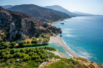 View of famous Preveli beach in the summer, Crete, Greece. - obrazy, fototapety, plakaty
