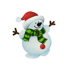 cartoon Christmas.  snowman cute having fun  with presents, waving and greeting. For Christmas cards, banners, tags and labels.