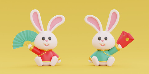 3D cute rabbit holding fan and red envelope isolated on yellow background, element for Chinese new year, Chinese Festivals, Lunar, CYN 2023, Year of the Rabbit, 3d rendering.