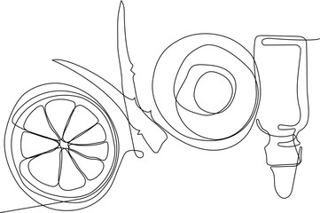 Continuous drawing of one line of bottles with oil or honey or lemon or lime juice for scrubbing and body skin care with natural herbal skin care products, top view of ingredients. Vector illustration