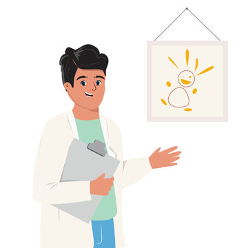 Illustration of the pediatrician with a funny picture on the background.