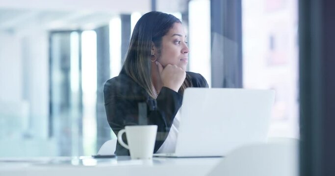 Thinking, coffee and business woman with laptop for online research, marketing and day dreaming in workplace. Window, startup company and female employee in office for strategy, innovation and relax.