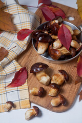 Several Imleria Badia or Boletus badius mushrooms commonly known as the bay bolete and vintage pan with mushrooms on wooden cutting board..