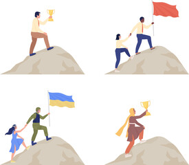 Fototapeta premium Goals setting and achievement semi flat color raster character set. Posing figures. Full body people on white. Simple cartoon style illustration collection for web graphic design and animation