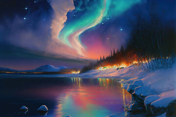 Generative AI : gorgeous, unreal beautiful night view of the northern lights or Aurora borealis above a lake surrounded by mountains and coniferous trees	

