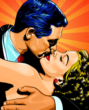 Love. Pop art man kissing a woman over sunny rays background. Portrait of young beautiful blond woman in arms of a hero lover, retro style stylization of 20th century comic illustration