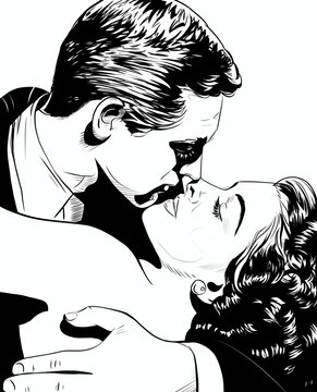 Love. Pop art man kissing woman over sunny rays background. Portrait of young beautiful blond woman in arms of hero lover, retro style stylization of 20th century comic illustration, black and white