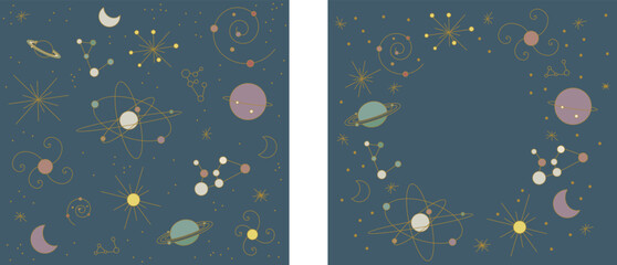 Universe background with planets, moon, stars, galaxy, constellation in gold line art. and 2022 color trend. Vector illustration frame. © StellaArts