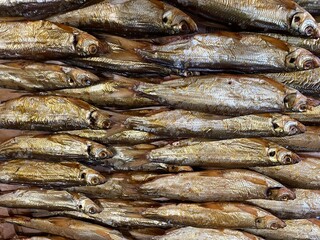 large vertical photo. northern river fish. vendace. fish laid out in a straight line on the table close-up. healthy omega 3 fats.
