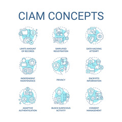 CIAM turquoise concept icons set. Customer identity and access management idea thin line color illustrations. Isolated symbols. Editable stroke. Roboto-Medium, Myriad Pro-Bold fonts used