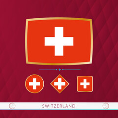 Fototapeta premium Set of Switzerland flags with gold frame for use at sporting events on a burgundy abstract background.