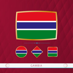 Set of Gambia flags with gold frame for use at sporting events on a burgundy abstract background.