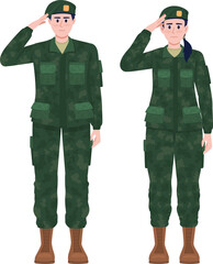 Military man and woman in uniforms semi flat color raster characters. Standing figures. Full body people on white. Armed forces simple cartoon style illustration for web graphic design and animation