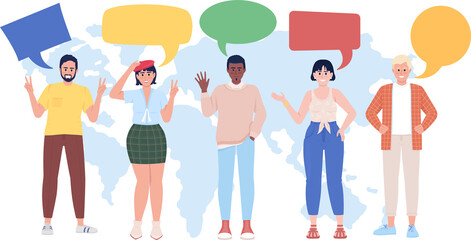 Obraz premium Multilingual community 2D raster isolated illustration. Speakers characters on background. Multilingualism colourful scene for mobile, website, presentation