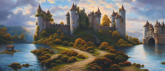 Artistic illustration of a fantasy castle on the beautiful landscape. © 4K_Heaven
